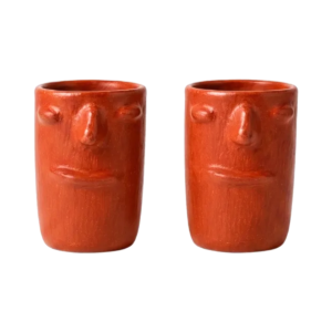Set de 2 vasos de barro rojo con rostro, hechos a mano en Oaxaca