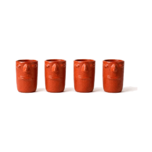 Set de 4 vasos de barro rojo con rostro, hechos a mano en Oaxaca